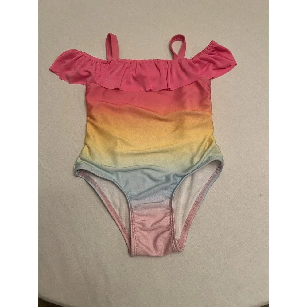 Cat & Jack Girls One-Piece Swimsuit Ombre Ruffle Pink Yellow Blue Size 4T